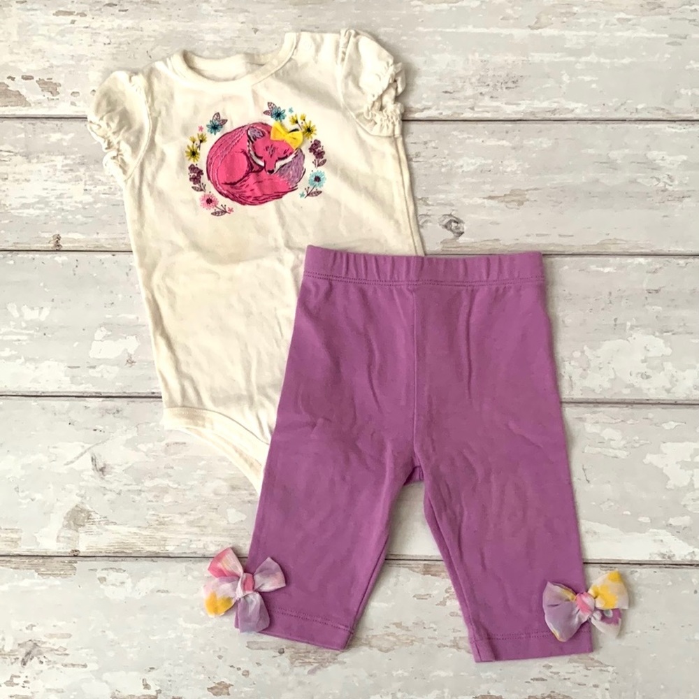 Baby Girl 6-9m Outfit Purple Capri Leggings Pants Fox Floral Bodysuit 6m 9m
